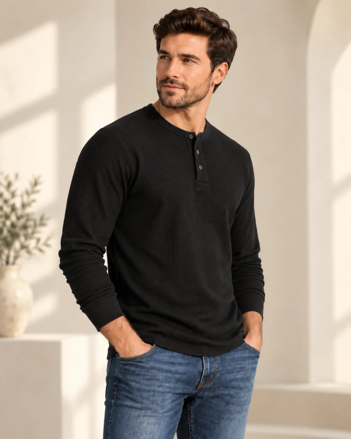 Men's Waffle-Knit Henley