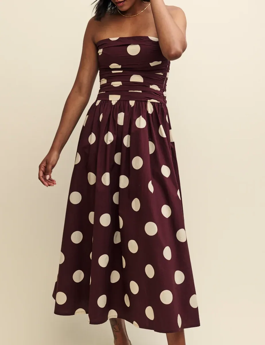 Brown Spot Print Bandeau Midi Dress