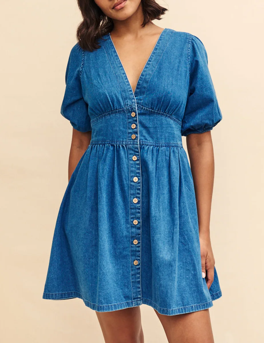 Denim Button Front Puff Sleeve Mini Dress