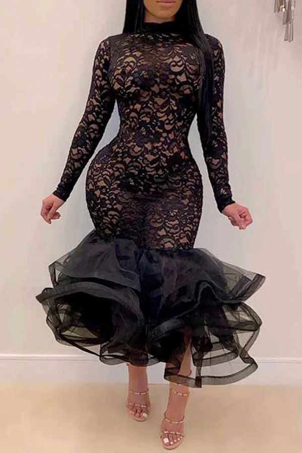 Floral Lace Elegant See-Through Midi Dress