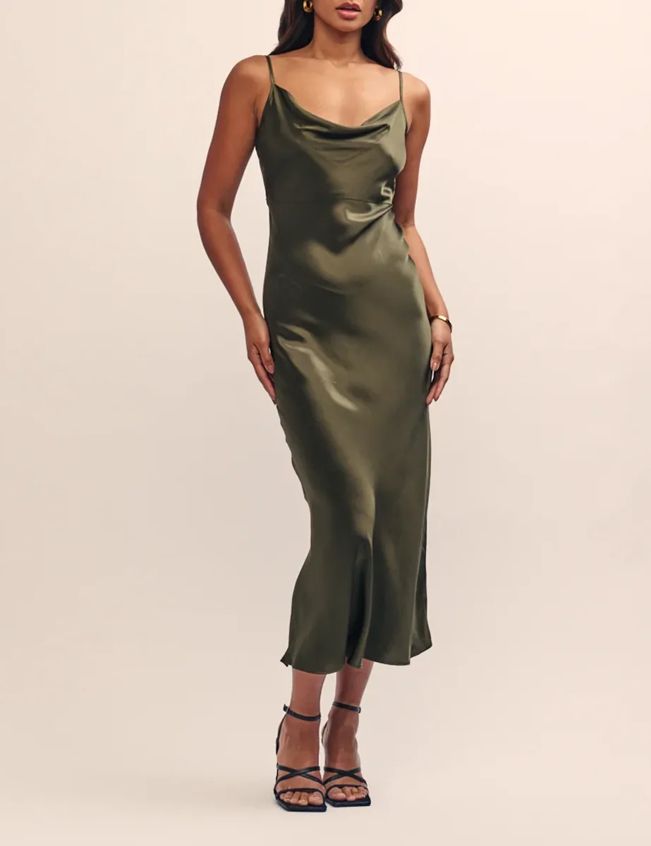 Green Satin Cowl Neck Midi Dress
