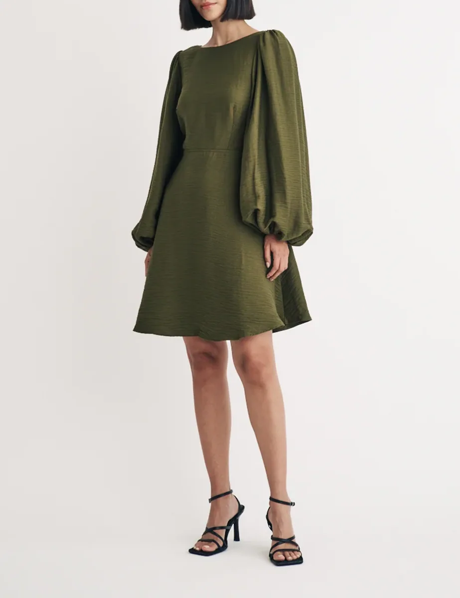 Olive Green Linen-blend Long Sleeve Shift Mini Dress