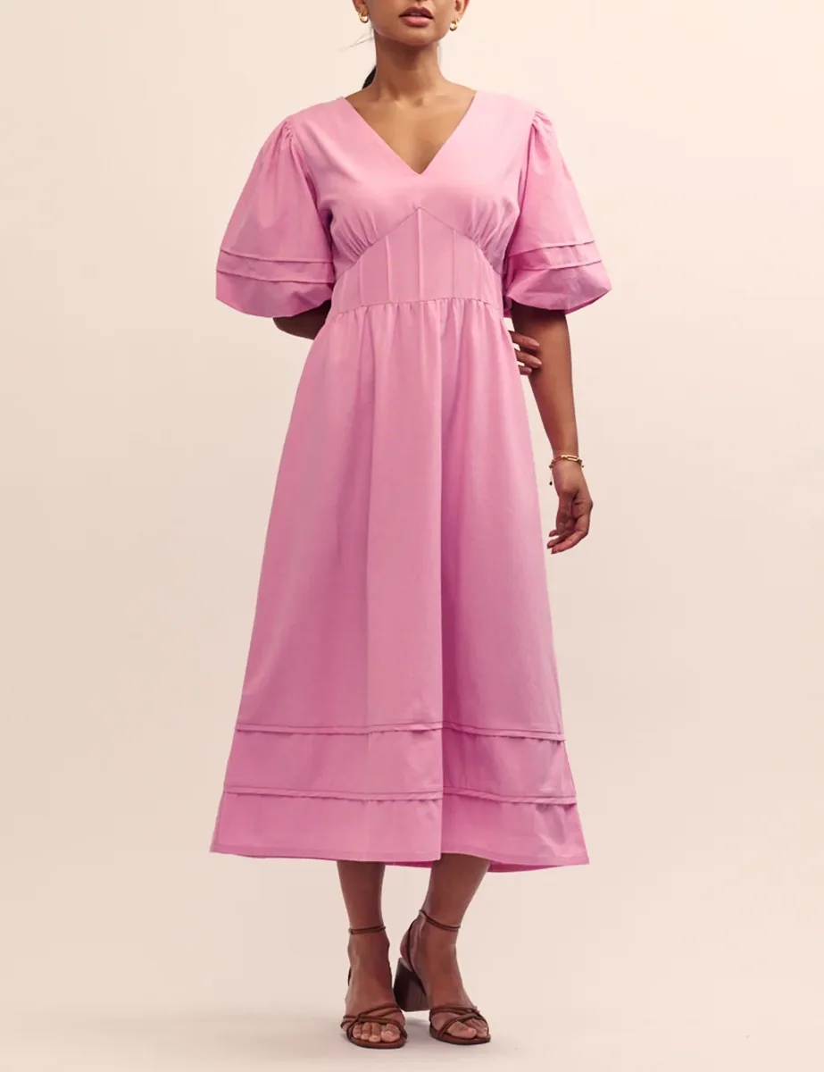 Pink V-Neck Puff Sleeve Midi Dress