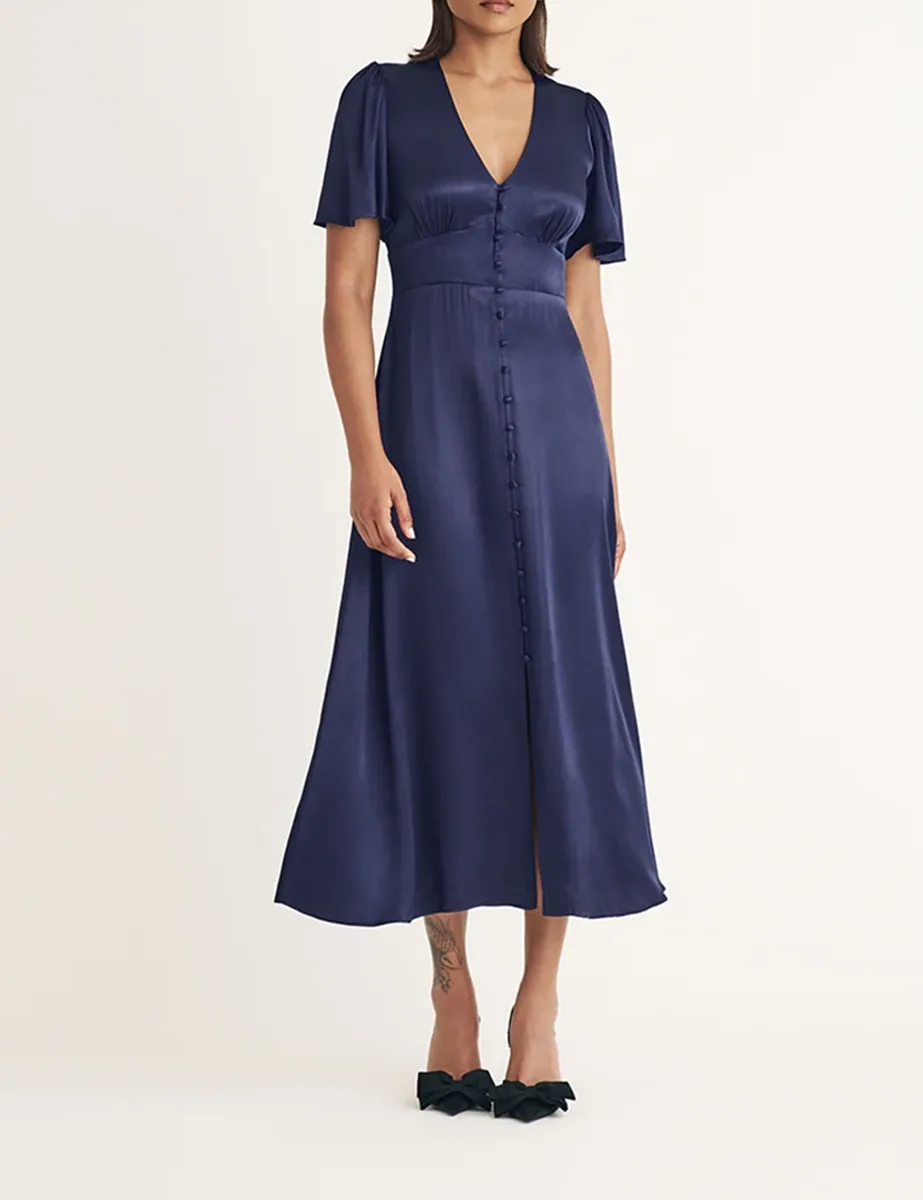 Purple Satin Button Front Midi Dress