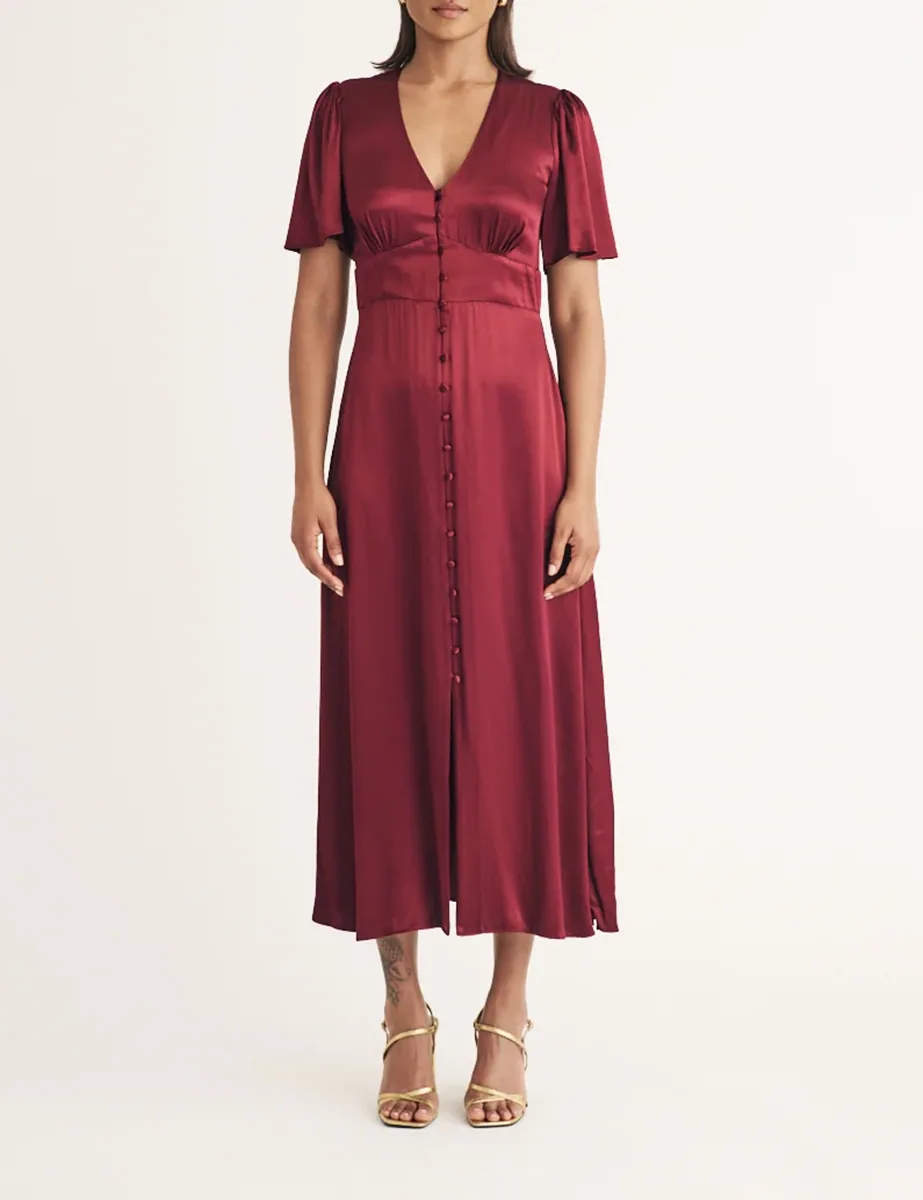 Red Satin Bridesmaid Midi Dress