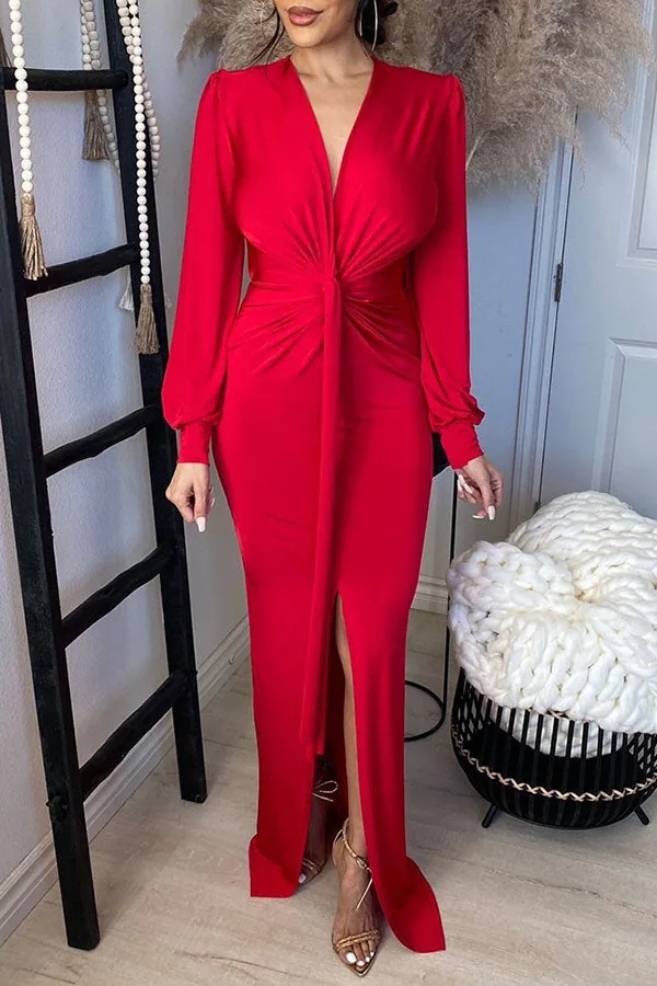 Red Simple Twisted Ribbon High Split Maxi Dress