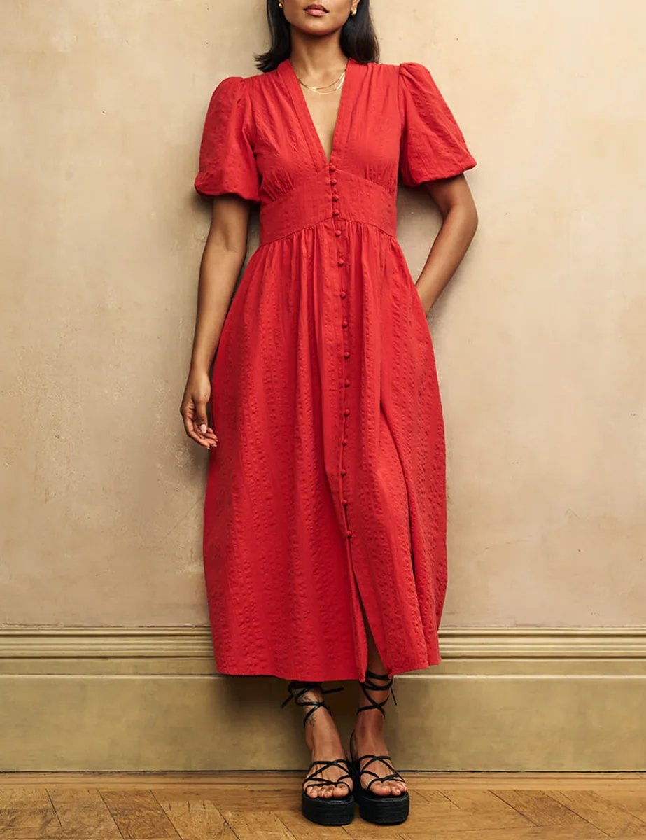 Red V-Neck Straight Cut Midi Dress